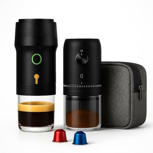 Set Cafetera Portátil Cápsulas + Molinillo de Café Eléctrico con Batería Recargable + Bolsa de Transporte Impermeable | Compatible con Cápsulas Nespresso