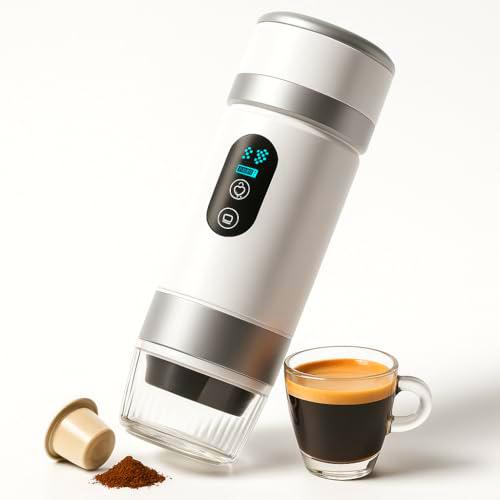 SOMYKID Cafetera Portátil Cápsulas y Café Molido 3 en 1 con Display Automático | Máquina de Café Portátil Recargable | Cafetera Cápsulas Universal de Viaje (BLANCO)