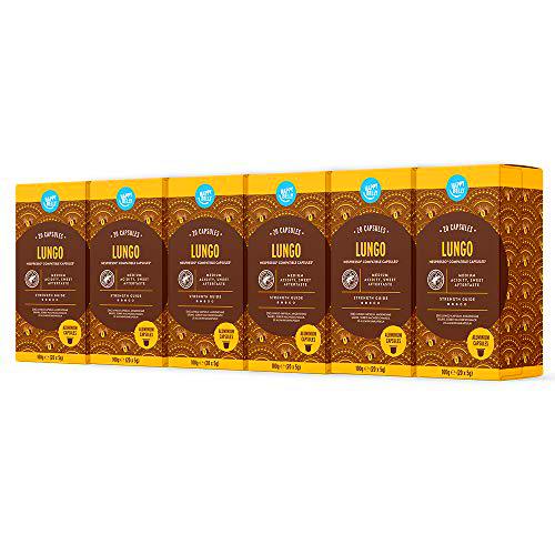 Marca Amazon - Happy Belly Lungo Café molido de tueste natural en cápsulas de aluminio compatibles con Nespresso