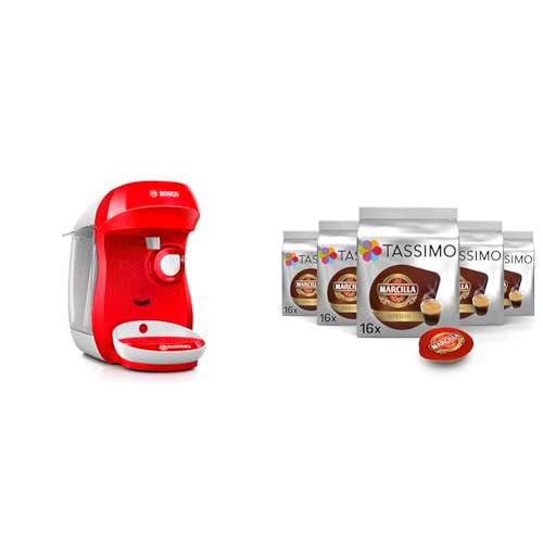 Bosch Hogar TASSIMO Cafetera Cápsulas, 1400 W, Color Rojo y Blanco + Tassimo Cápsulas de Café Marcilla Espresso